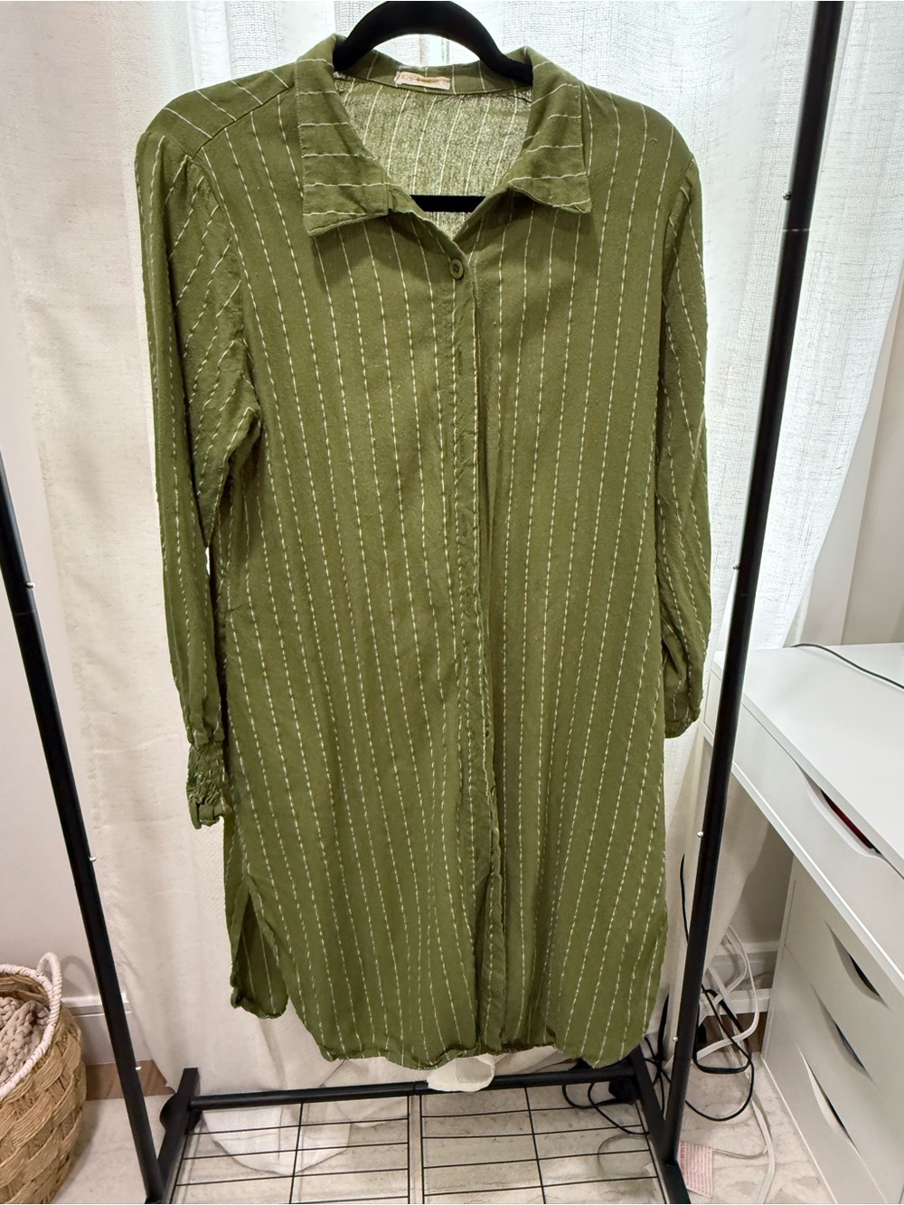 RVCA Olive Green Striped Button-Up Shirt Dress